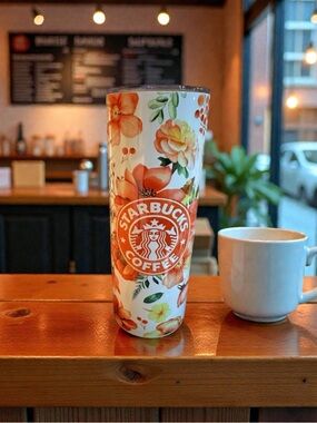 Floral Coffee Tumbler | Pink Flower Insulated Cup | Reusable Drinkware